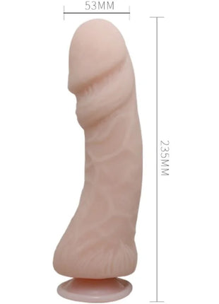 Ein pfirsichfarbener realistischer silikon dildo von baile mit strukturierter oberfläche und abgerundetem boden