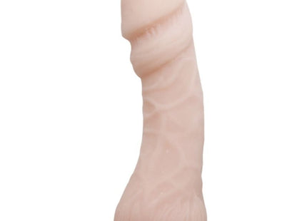 Roter silikon dildo mit abgerundetem kopf und strukturierter schafthülle stehend auf passender basis