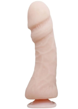 Roter silikon dildo mit abgerundetem kopf und strukturierter schafthülle stehend auf passender basis