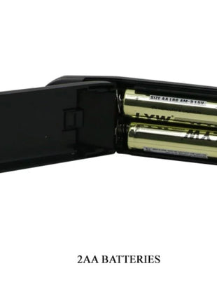 Schwarzes kunststoff-akkugehäuse mit zwei goldfarbenen aa-batterien für baile vibrator 23,5 cm