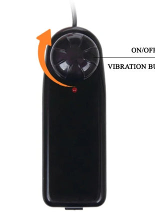 Schwarze plastik-fernbedienung mit rundem an-aus-vibrationsknopf und angeschlossenem kabel für baile penisdildo