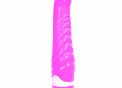 Ein leuchtend pinkes, glänzendes silikon vibratorspielzeug mit strukturierter oberfläche und weißem akzentband von baile