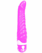 Ein leuchtend pinkes, glänzendes silikon vibratorspielzeug mit strukturierter oberfläche und weißem akzentband von baile