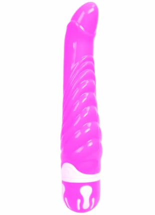 Ein leuchtend pinkes, glänzendes silikon vibratorspielzeug mit strukturierter oberfläche und weißem akzentband von baile