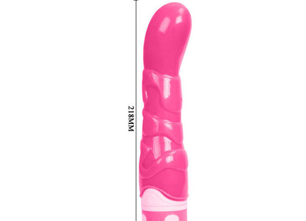 Ein lebendiger rosa glänzender plastikvibrator mit geriffeltem design und weißer basis von baile 21,8 cm
