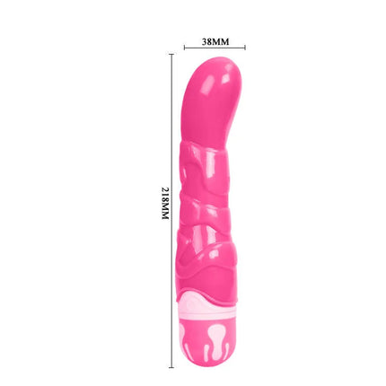 Ein lebendiger rosa glänzender plastikvibrator mit geriffeltem design und weißer basis von baile 21,8 cm