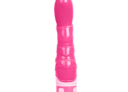Pinkfarbener silikonvibrator mit glänzendem finish und weißen flammenmustern am fuß von baile der realistischen hahn rosa 21,8 cm