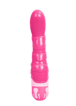 Pinkfarbener silikonvibrator mit glänzendem finish und weißen flammenmustern am fuß von baile der realistischen hahn rosa 21,8 cm