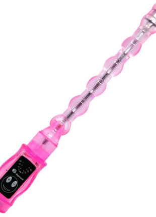 Rosa transparenter plastik-vibrator mit schwarzer steuerung und lächelndem gesicht von baile distortion dreifach stimulator