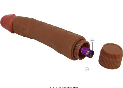 Brauner silikon vibrator baile dybbuk 24 cm mit lila batteriefach mulatte realistisches design rückseite
