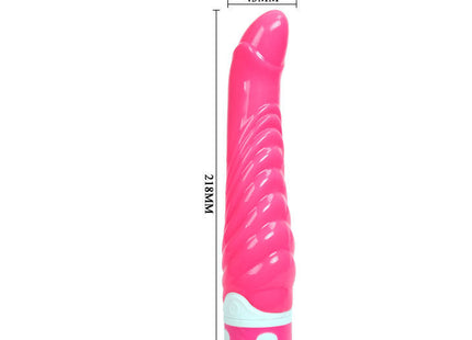 Eine lebhafte rosa glänzende silikon-vibrationsspielzeug mit spiralstruktur und weißen akzenten am basis von baile g-spot