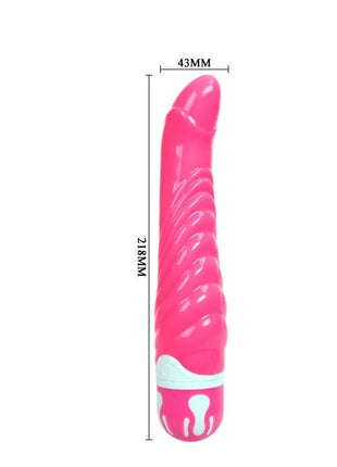 Eine lebhafte rosa glänzende silikon-vibrationsspielzeug mit spiralstruktur und weißen akzenten am basis von baile g-spot