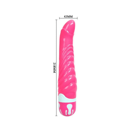 Eine lebhafte rosa glänzende silikon-vibrationsspielzeug mit spiralstruktur und weißen akzenten am basis von baile g-spot