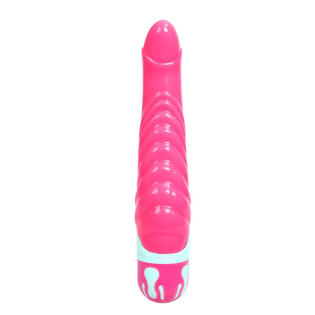 Ein lebhafter rosa silikon vibrierender g-punkt stimulator mit geriffelter struktur und hellblauem akzentband bei baile