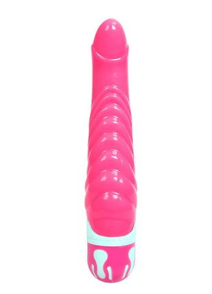 Ein lebhafter rosa silikon vibrierender g-punkt stimulator mit geriffelter struktur und hellblauem akzentband bei baile