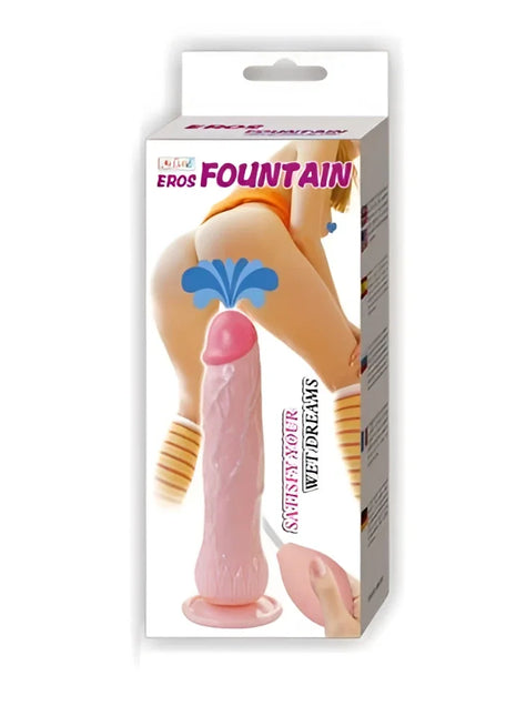 Baile eros realistischer ejakulator penis aus pinkem silikon mit blauem wasserstrahldesign im eros fountains verpackung