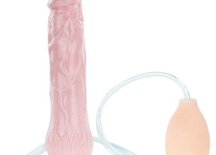 Pink silikon dildo mit strukturierter oberfläche und klarem schlauch mit pfirsichfarbener pumpkugel im baile eros realistischer ejakulator penis