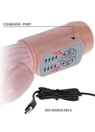Pink silikon vibrator fire bunny rotator mit feuersystem grauem bedienfeld und schwarzem ladekabel
