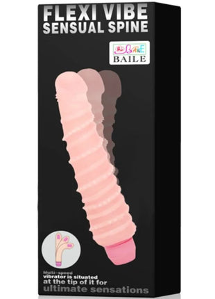 Rosa flexi vibe sensual spiralvibrator 19,5 cm mit geripptem flexiblen design und abgerundetem kopf im schwarzen verpackungskarton