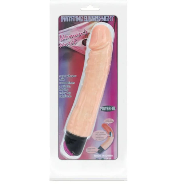 Beige silikon vibrator mit flexibler realistischer form 25 cm von baile verpackt in klarsichtfolie mit schwarzer basis und pinkem akzent