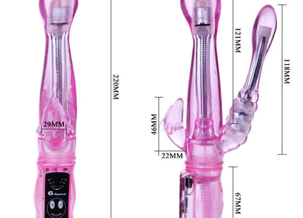 Pink-transluzenter flexibler vibrator in hasenform aus kunststoff mit silberner spirale und schwarzem g-speed bedienfeld