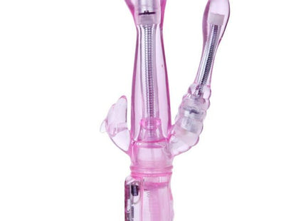 Baile flexibler vibrator mit analstimulator aus durchsichtigem pinkem kunststoff mit silbernen stöcken und batteriefach