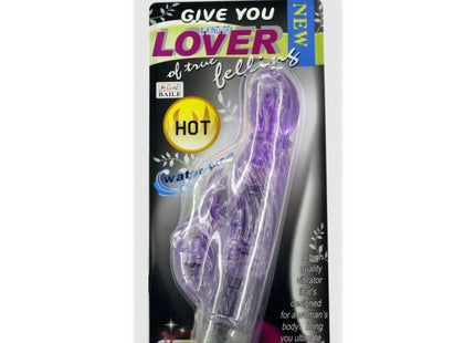 Ein durchscheinender lila silikon liebhabervibrator mit texturiertem griff und 10 modi in verpackung von baile