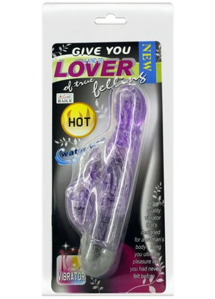 Ein durchscheinender lila silikon liebhabervibrator mit texturiertem griff und 10 modi in verpackung von baile