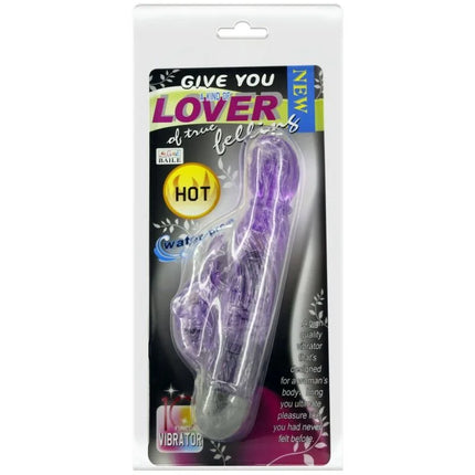 Ein durchscheinender lila silikon liebhabervibrator mit texturiertem griff und 10 modi in verpackung von baile