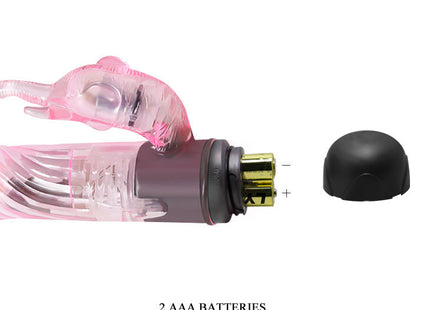 Rosa transparenter elefant vibrator mit klarem körper und lila griff von baile mit geöffnetem batteriefach