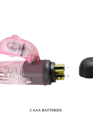 Rosa transparenter elefant vibrator mit klarem körper und lila griff von baile mit geöffnetem batteriefach
