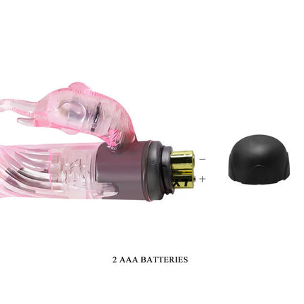 Rosa transparenter elefant vibrator mit klarem körper und lila griff von baile mit geöffnetem batteriefach