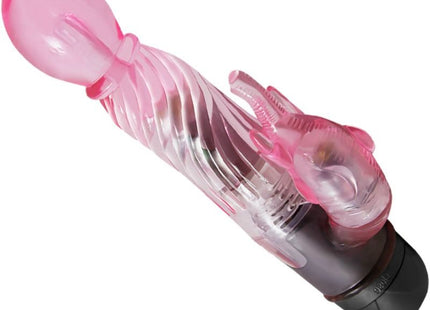 Rosa durchsichtiger silikonvibrator mit klarem, geripptem körper und elefantenförmigem kopf von BAILE mit 10 modi