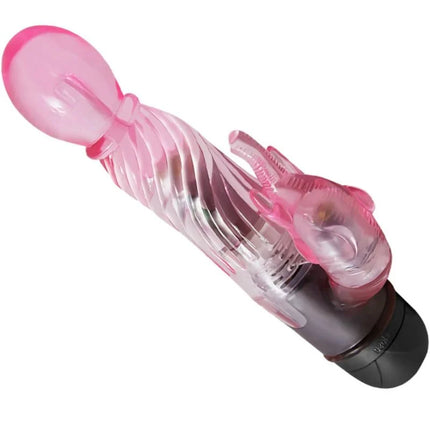 Rosa durchsichtiger silikonvibrator mit klarem, geripptem körper und elefantenförmigem kopf von BAILE mit 10 modi