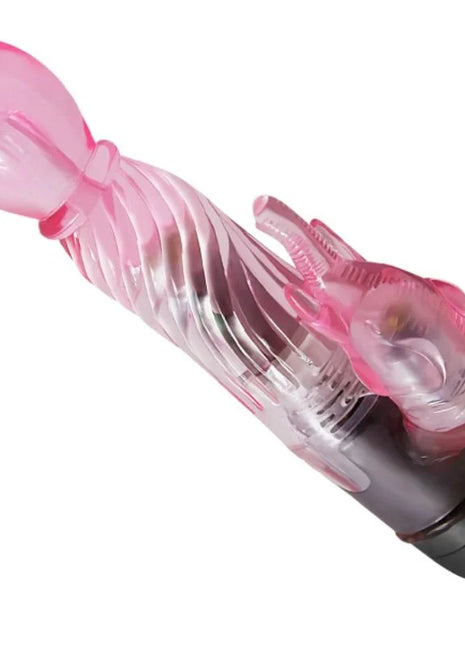 Rosa durchsichtiger silikonvibrator mit klarem, geripptem körper und elefantenförmigem kopf von BAILE mit 10 modi