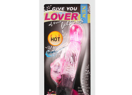 Rosa transparenter vibrierender liebhabervibrator aus plastik mit schwarzer basis und klarem kopf in weißer verpackung