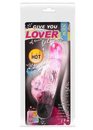 Rosa transparenter vibrierender liebhabervibrator aus plastik mit schwarzer basis und klarem kopf in weißer verpackung