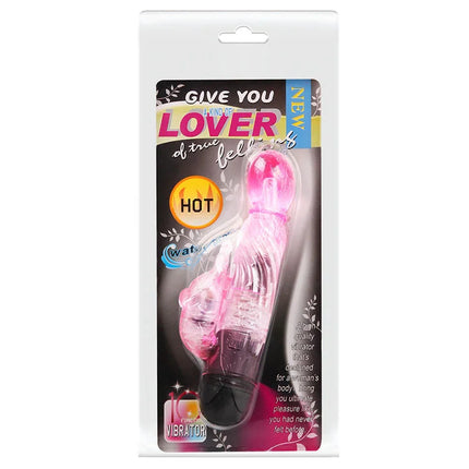 Rosa transparenter vibrierender liebhabervibrator aus plastik mit schwarzer basis und klarem kopf in weißer verpackung