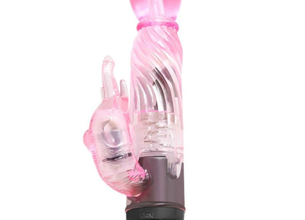 Rosa transparenter hasenvibrator mit klarem, gewundenem körper und schwarzer basis von baile mit 10 modi