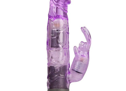 Lila transparenter plastik liebhaber-vibrator in hasenform mit grauer basis von baile