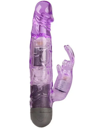 Lila transparenter plastik liebhaber-vibrator in hasenform mit grauer basis von baile
