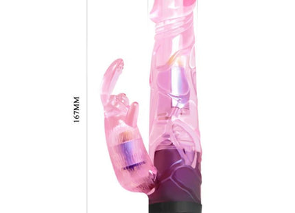 Rosa transparenter silikon vibrator in kaninchenform mit schwarzer basis und led-beleuchtung von baile
