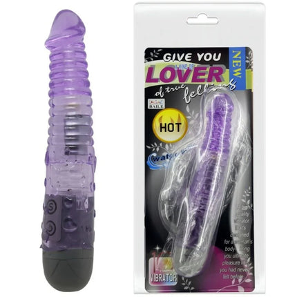 Lila transparenter silikonvibrator mit schwarzer basis und strukturierten rillen von baile geben sie ihrem liebhaber