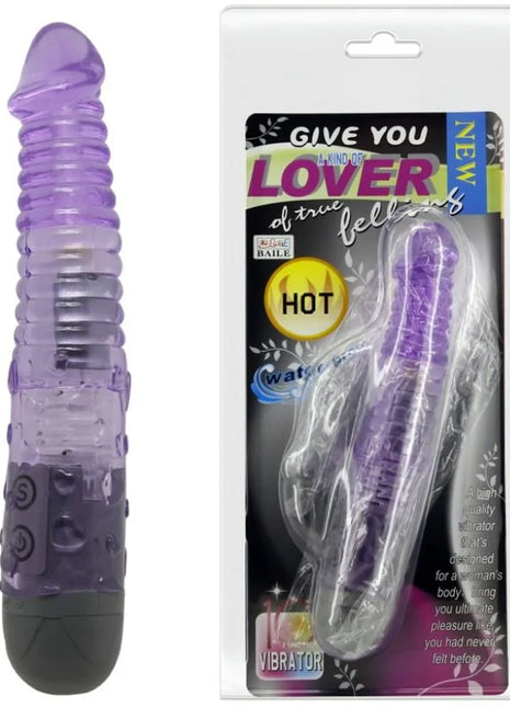 Lila transparenter silikonvibrator mit schwarzer basis und strukturierten rillen von baile geben sie ihrem liebhaber