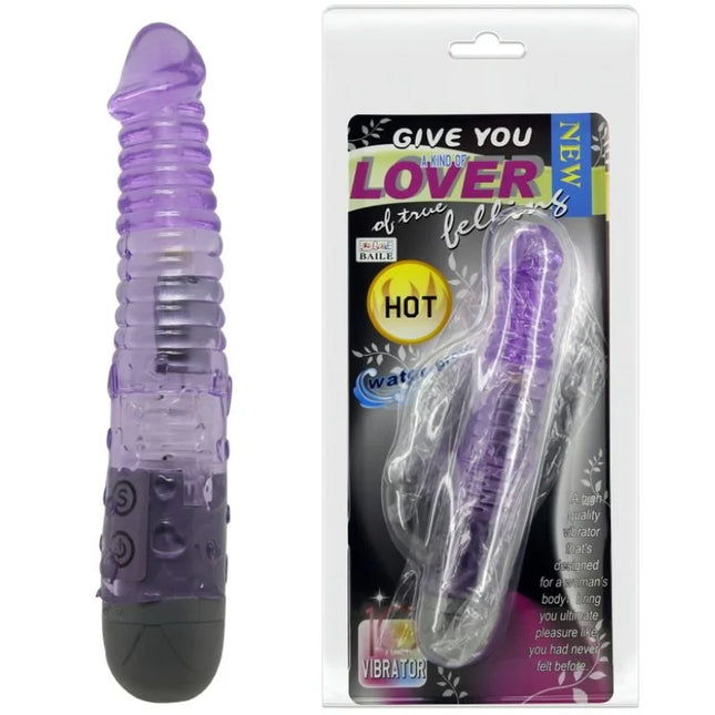 Lila transparenter silikonvibrator mit schwarzer basis und strukturierten rillen von baile geben sie ihrem liebhaber