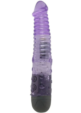 Lila transparenter silikonvibrator mit strukturierten rippen und dunkelgrauer basis aus der baile kollektion