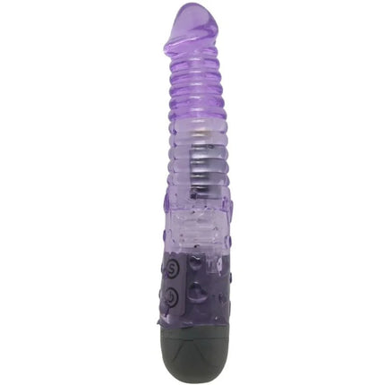 Lila transparenter silikonvibrator mit strukturierten rippen und dunkelgrauer basis aus der baile kollektion