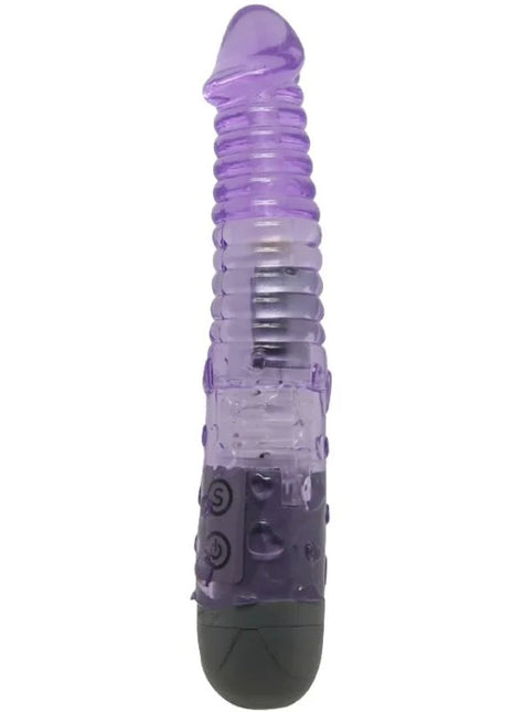 Lila transparenter silikonvibrator mit strukturierten rippen und dunkelgrauer basis aus der baile kollektion