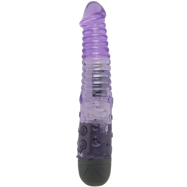 Lila transparenter silikonvibrator mit strukturierten rippen und dunkelgrauer basis aus der baile kollektion