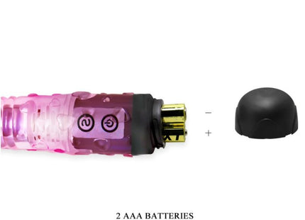 Rosa transparenter vibrator aus kunststoff mit schwarzer kappe und goldfarbenen batteriekontakten von BAILE